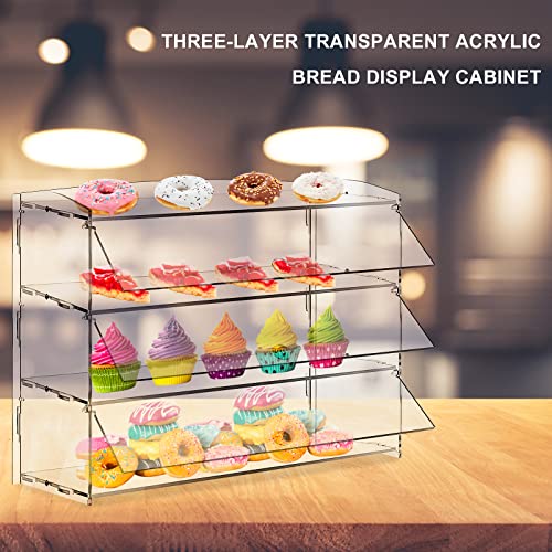 3 Tray Pastry Display Case Acrylic Bakery Display Cabinet Clear Removable Donut Display Shelf Cupcake Display Case Retail Display Counter with Cake Serving Tong (Peel off The Fuzzy Protective Film)