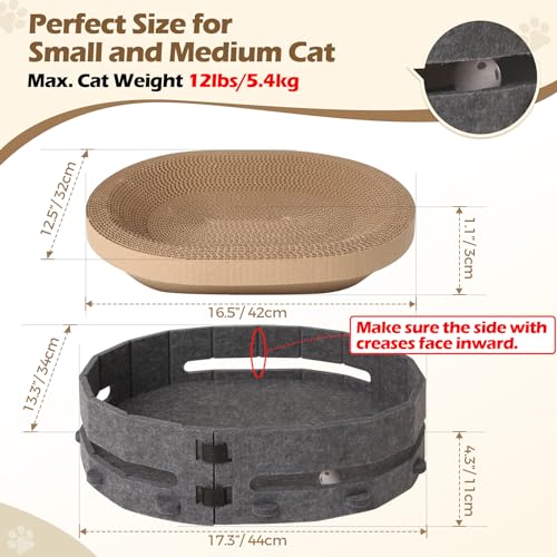 ComSaf Scratch Lounge Cat Bed, Cardboard Cat Scratcher Bed with Ball Toy in Box Interactive for Fun, Removable Cat Scratch Pad for Indoor Cats, Cat Scratching Board with Felt Box Collecting Scraps