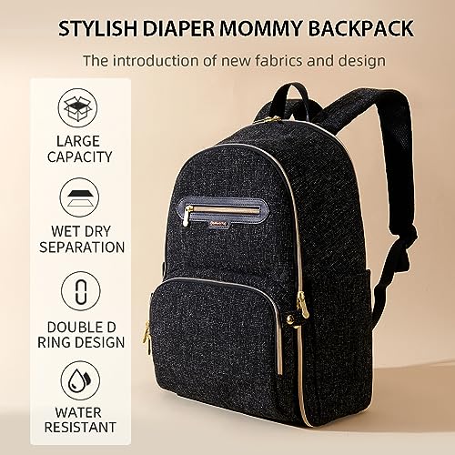 SUNVENO Diaper Bag Backpack, Baby Bag with Changing Station Large Capacity Nappy Changing Bag Featuring Bottle Pockets, Stroller Clips and Comfortable Straps, Black