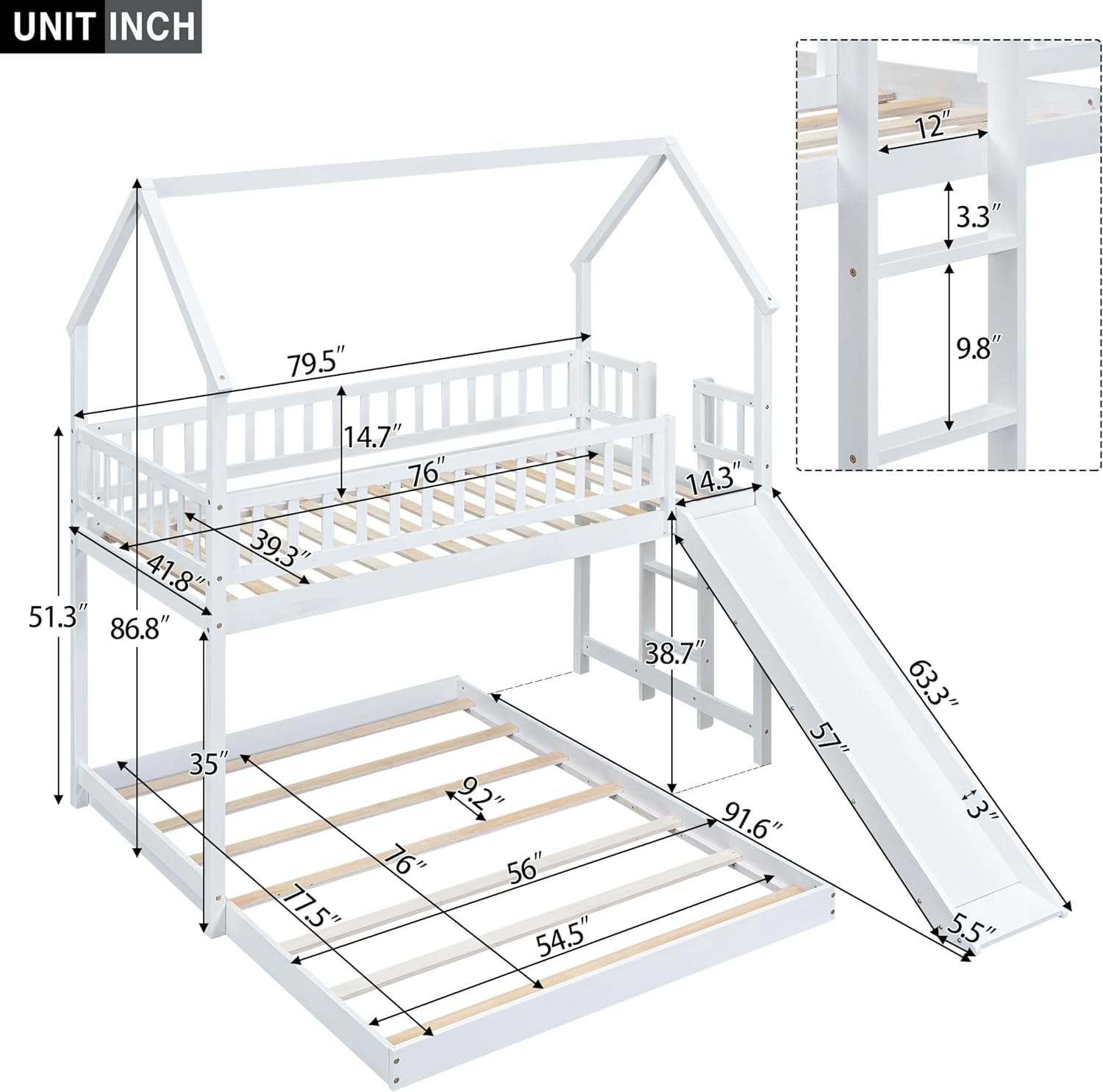 Twin Over Full House Bunk Bed with Slide and Built-in Ladder, Full-Length Guardrail, White