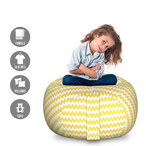 Ambesonne Yellow Chevron Storage Toy Bag Chair, Old Fashioned Sharp Zigzag Stripes Geometric Sunny Summer Motif, Stuffed Animal Organizer Washable Bag, Small Size, Earth Yellow White