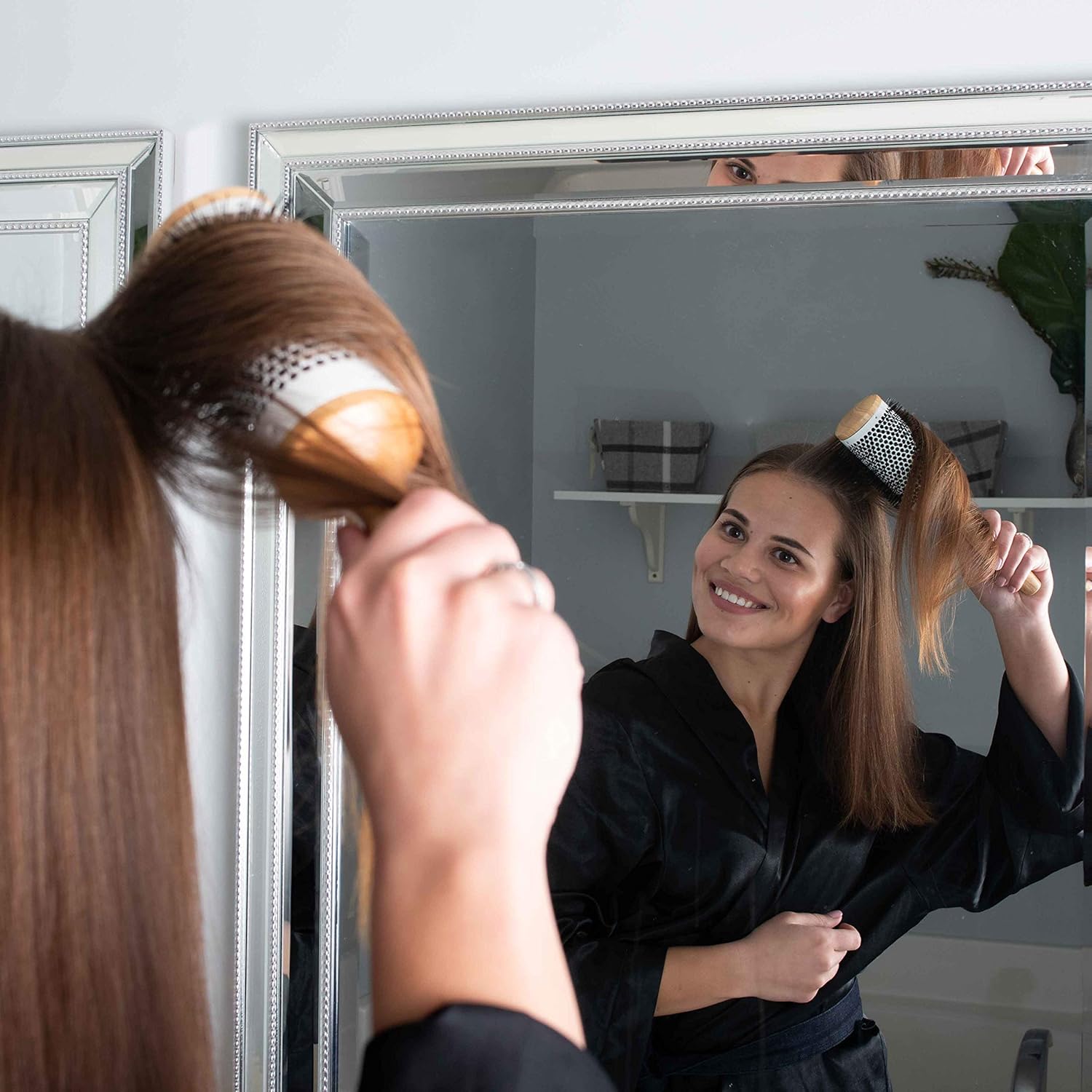 Round Blow Dryer Brush - Ceramic Barrel - Large 3.0 Inch Round Brush for Blow Drying - Thermal & Ionic Roll Styling Hairbrush to Blow Dry - Natural Wooden with Nylon Bristles - Hair Brush For Women