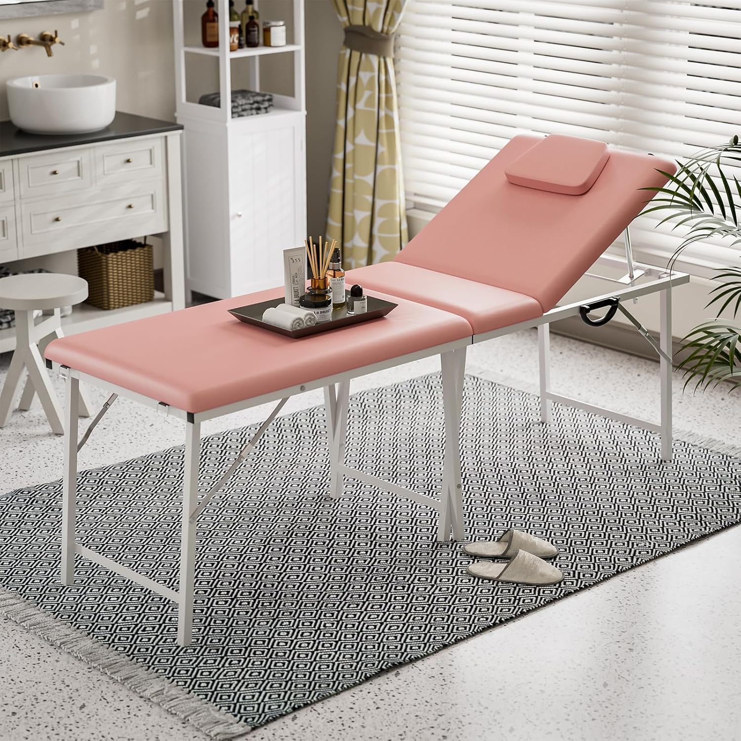 Pink Foldable Spa Bed for Client 2-Section Folding,Portable Tattoo Chair Table with Storage Bag, Portable Massage Table, Professional Massage Tables for Spa, Salon, Tattoo, Massage Bed