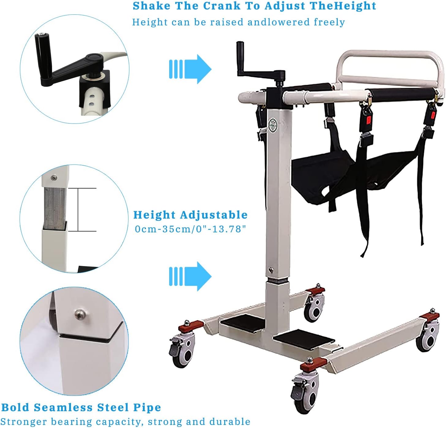 Portable Patient Lift for Home, Transfer Lift Wheelchair Steel Transport Chairs for Seniors Manual Stair Chair Lift Multi-function Shower Lift Chair with 4 Wheels and Soft Cushion, 330lb