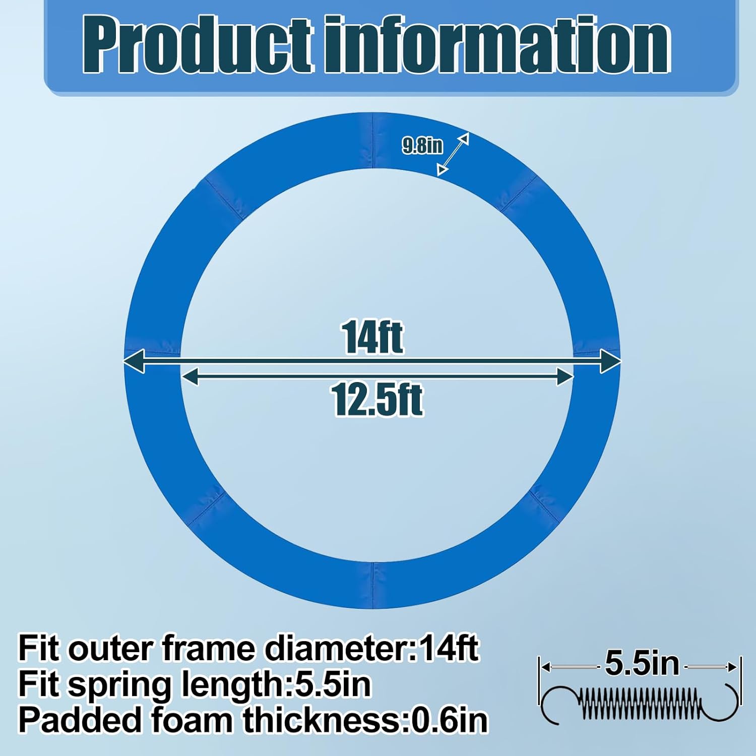 14ft Trampoline Pad - Replacement Spring Cover, Waterproof & UV-Resistant Edge Protection Safety Pad for Round Trampoline Frame Accessories, No Holes for Pole