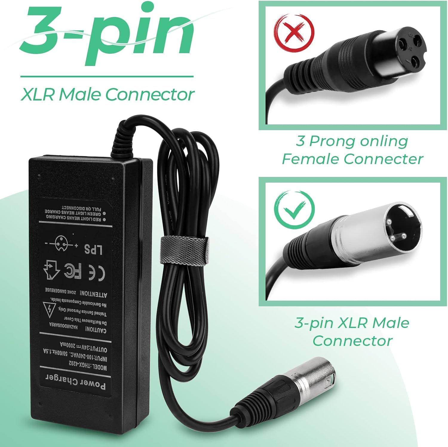 24V 2A 3-Pin XLR Connector Electronic Scooter Battery Charger for Go-Go Elite Traveller,Pride mobility,Jazzy Power Chair Battery Charger & Plus Ezip Mountain Trailz (with 3.9ft US Power cord)