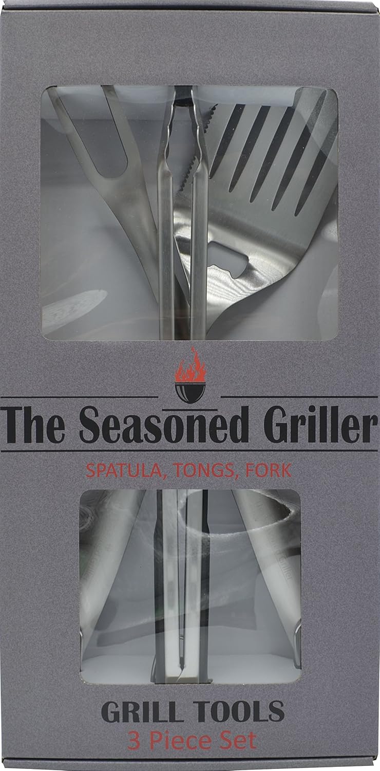 Extra long Heavy Duty BBQ Grill Tools set - 3 Piece Stainless Steel Utensils set includes Spatula Fork & Tongs - Barbecue Grilling Accessories - Outdoor Grilling kit in Gift box Packaging