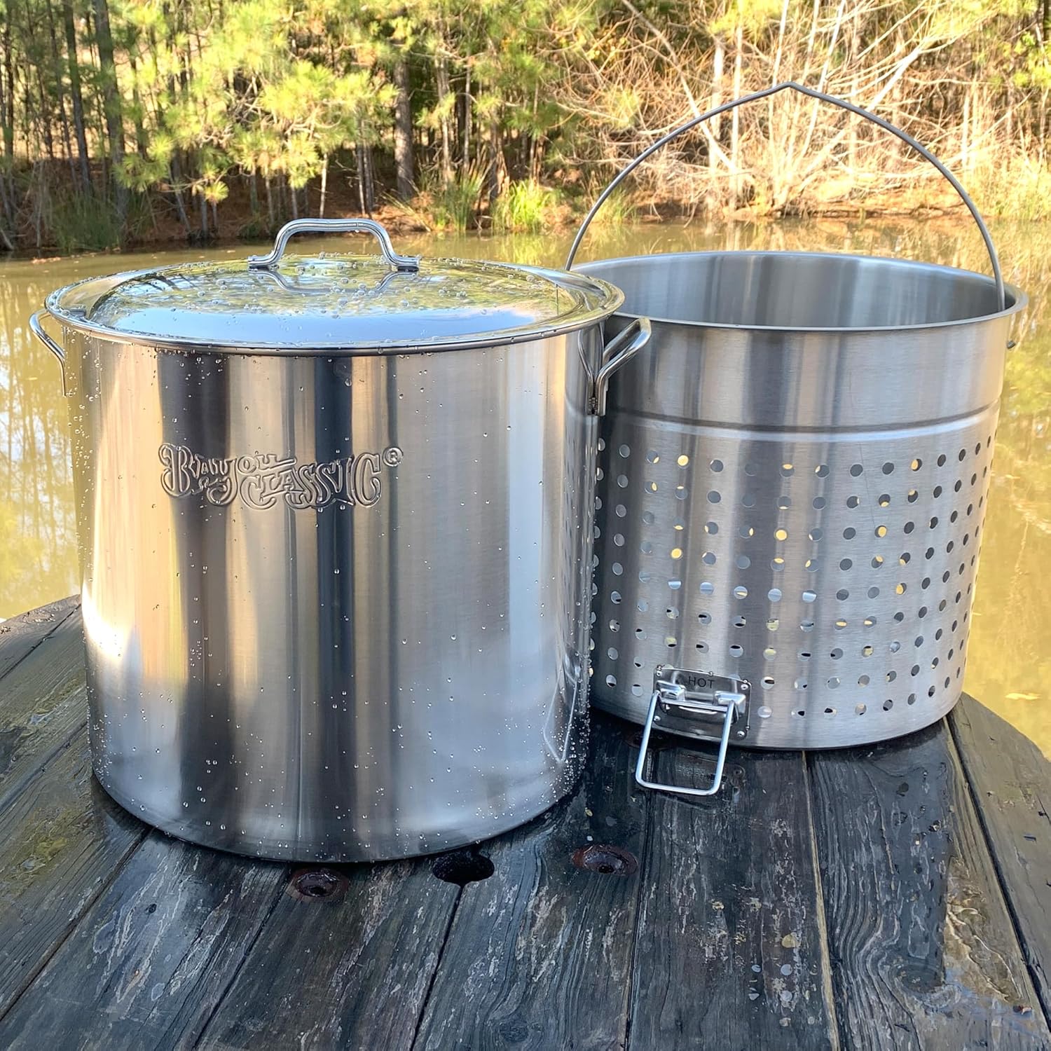Bayou Classic 1162 162-qt Stainless Stockpot w/Stainless Perforated Basket Features Heavy Welded Loop Handles Domed Vented Lid Perfect For Steaming Boiling Canning and Preserving
