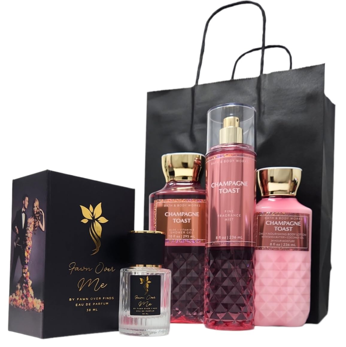 Bath and Body Champagne Toast Trio Gift Set with Fawn Over Me Perfume and Gift Bag