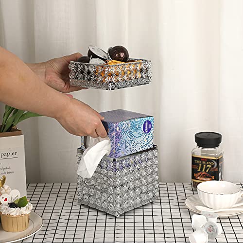 Sumnacon Square Tissue Box Cover- Crystal Cube Tissue Box with Storage Tray, Stylish Tissue Box Holder for Bathroom Bedroom Living Room Table Desk Home Office,Silver