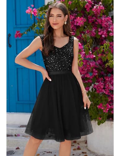 Meetjen Women's Sequin V Neck Cocktail Dress 2024 A line Tulle Short Prom Dresses for Wedding Party Sparkly Ball Gowns