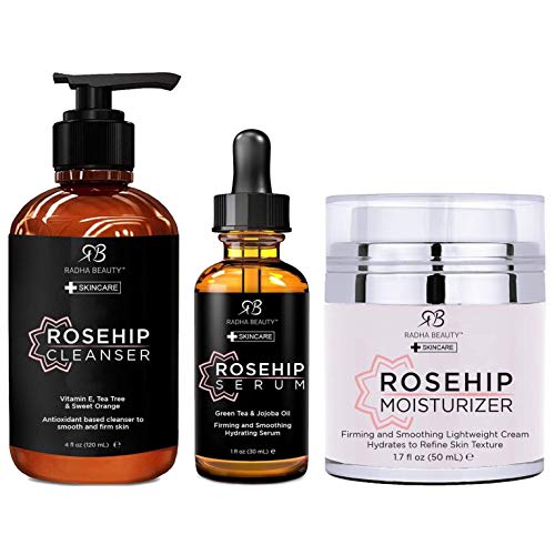 Radha Beauty Rosehip Complete Facial Care Kit - 3-in-1 Anti-Aging Set with Cleanser, Serum, and Moisturizer for Wrinkles, and Dark Spots, Day & Night Brightening Skincare Gift Set