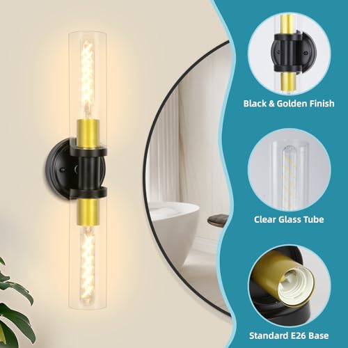 SILAMPDI Black Vanity Lights for Bathroom, 2-Light Wall Light Fixtures with Clear Glass Shade, Modern Sconces Wall Lighting for Mirror, Living Room, Bedroom, Hallway, E26 T10 Bulbs(Excluded)