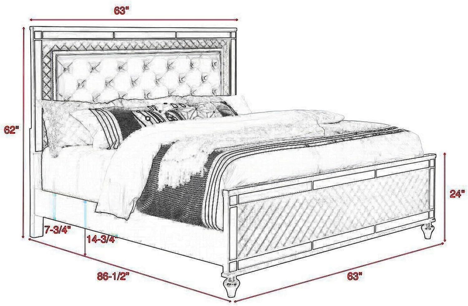 Benjara Reff Queen Size Bed, Button Tufted Fabric Upholstery, Modern Wood, Gray and Silver