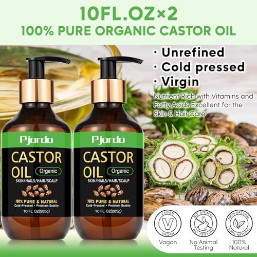 Castor Oil Organic Cold Pressed Unrefined, 100% Pure Castor Oil, Hexane Free, Organic Castor Oil for Hair Growth, Thicker Eyelashes Eyebrows, Moisturizes Skin, 20 fl. oz in Total, Perfect Gifts