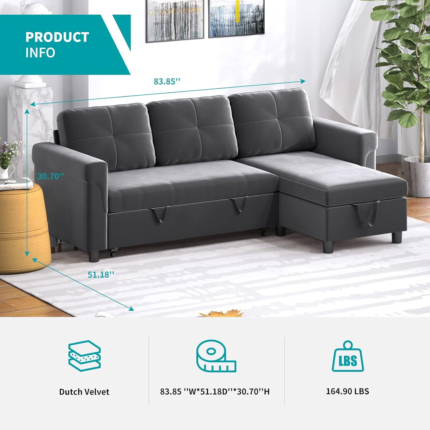 BALUS Sectional Sofa with Storage, Reversible Sleeper Sofa, Pull Out Sofa Bed, Convertible Couches for Living Room, L Shaped Chaise Sofa, Dark Gray