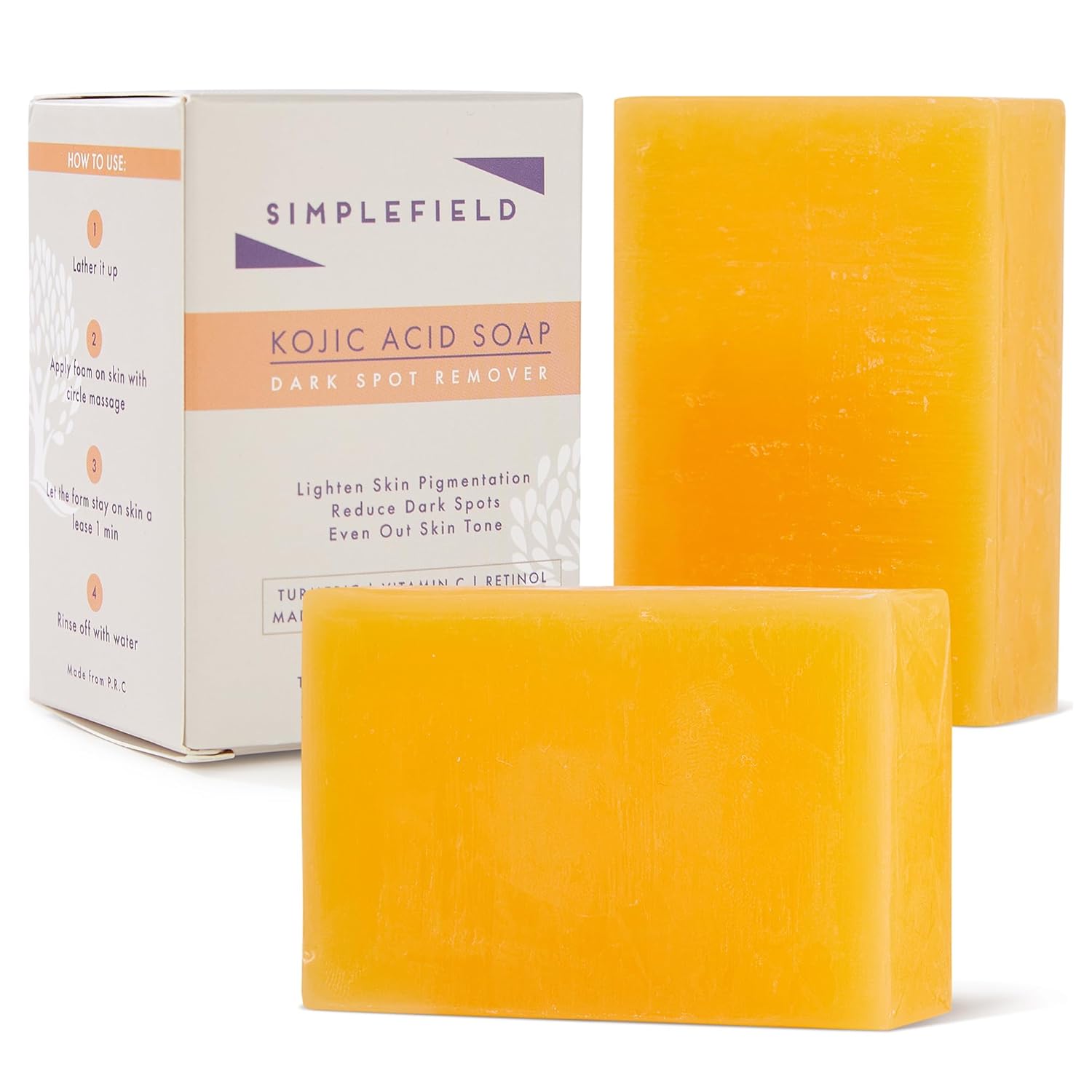 Turmeric Kojic Acid Soap - Reduce Dark Spots. Natural Oils with Vitamin C, Retinol and Vitamin E - Gentle & Moisturizing for Face and Body (2 Pack)