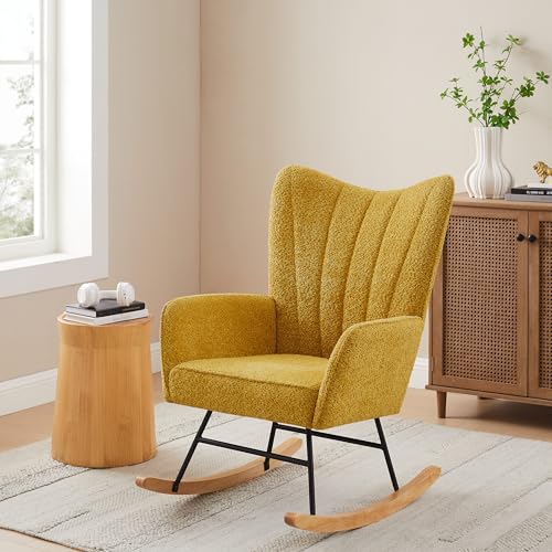 Rocking Chair Nursery, Boucle Glider Rocker with High Backrest, Modern Accent Armchair for Nursery, Living Room, Bedroom, Camel