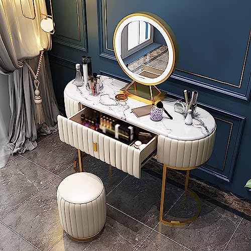 Vanity Table Touch Screen Led Mirror Vanity Set Large Drawers Vanity Desk Luxury Dresser with Cushioned Stool Dressing Table (White 100CM)