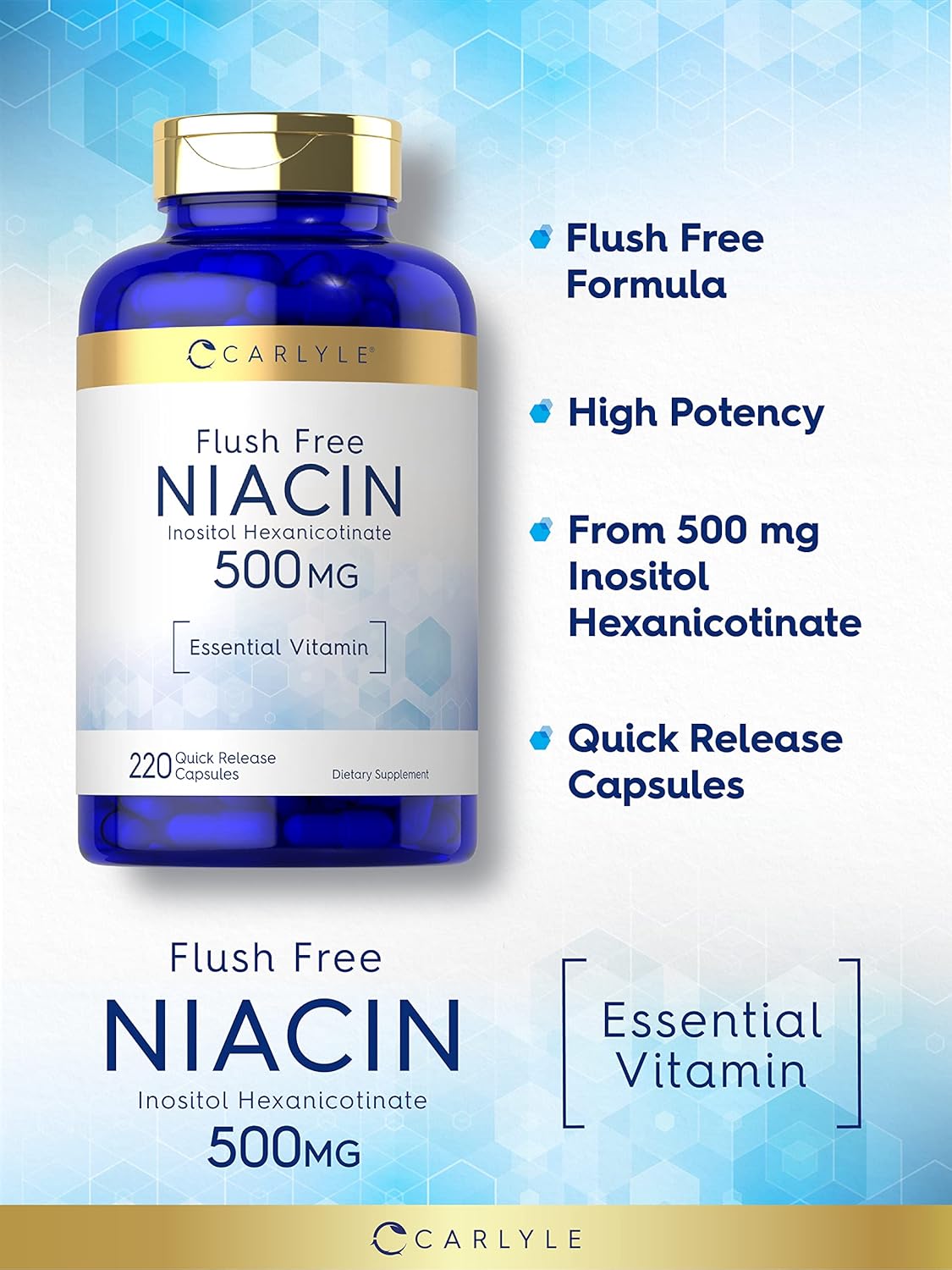 Carlyle Niacin Flush Free 500mg | 220 Capsules | Non-GMO and Gluten Free Essential Vitamin