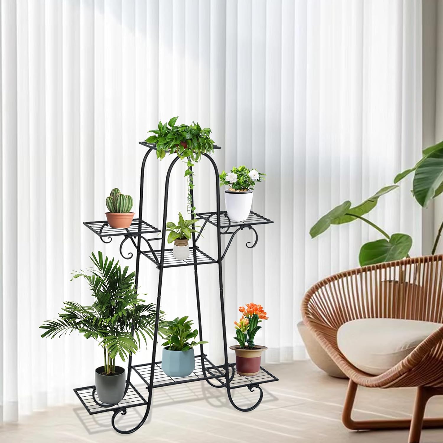 Metal Plant Holder 7 Layers Plant Display Rack Plant Flowerpot Holder Black for Office Living Room Garden Indoor Outdoor