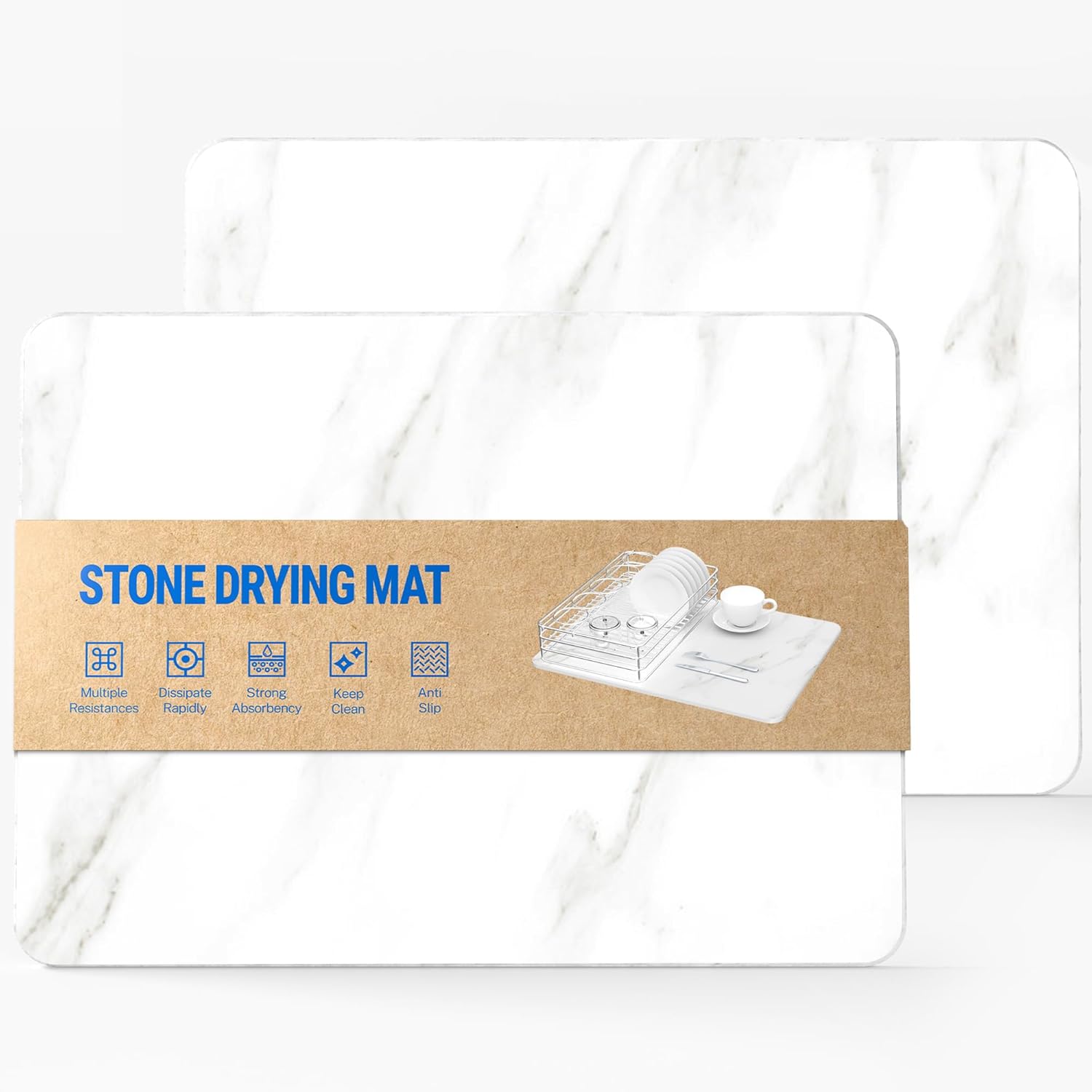 Stone Dish Drying Mat for Kitchen 2 PACK Super Absorbent Fast Drying Counter Marble Stone Mat Kitchen 15.7x11.8 in (2PACK-WHITE)