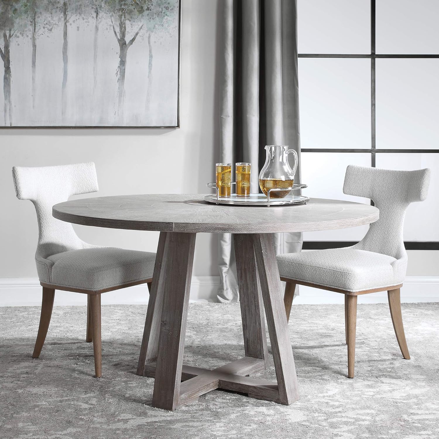 MY SWANKY HOME Luxe Gray Oak Elm Wood Dining Table Scandi Style 6 Seat Trestle Round 52 in