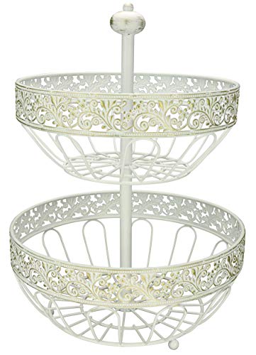 2 tier fruit basket, fruit bowl, multi-purpose kitchen and living room storage fruit and vegetable basket (White Brushed Bronze)