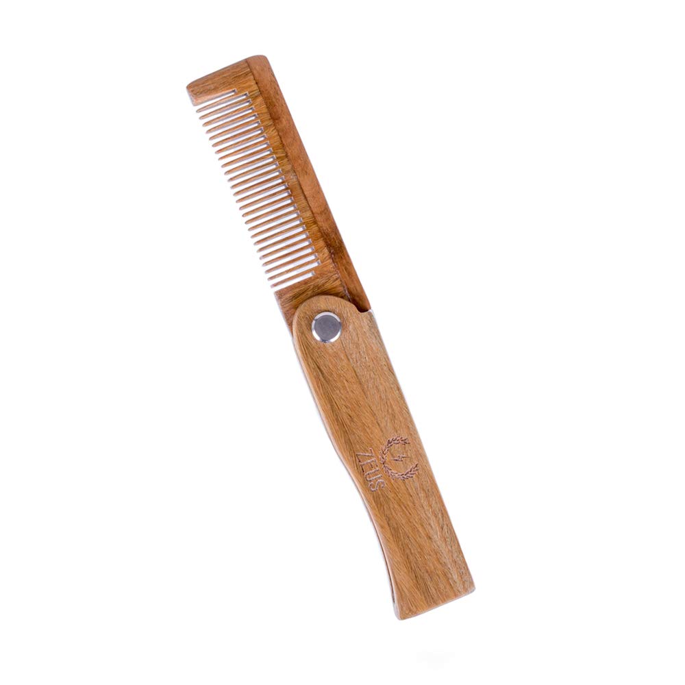 ZEUS Organic Sandalwood Folding Beard Comb, Best Handmade Foldable Beard/Mustache Comb F31, Vegan-Friendly, Anti-Static