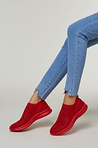 BELOS Women's Rhinestone Mesh Slip On Walking Shoes Fashion Breathable Spakle Glitter Sneaker