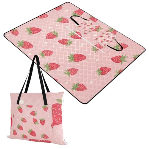 Red Fruit Strawberry Cartoon Picnic Blanket Waterproof Foldable Outdoor Beach Blankets Sandproof Picnic Mat Extra Large Camping Blanket for Camping Hiking Travel Park Concerts, 60x80 in