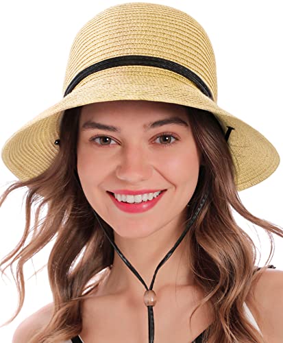 Simplicity Women's UPF 50+ Wide Brim Braided Straw Sun Hat with Lanyard