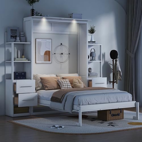 Queen Size Murphy Bed, Wall Bed with 2 Four-Layer Storage Shelves, 4 Sliding Drawers and LED Lights, Gray