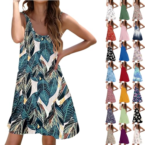 Womens Boho Mini Dress, Casual Tshirt Sundress Floral Plain Eyelet Tank Dress Vacation Sleeveless Flowy A Line Dresses