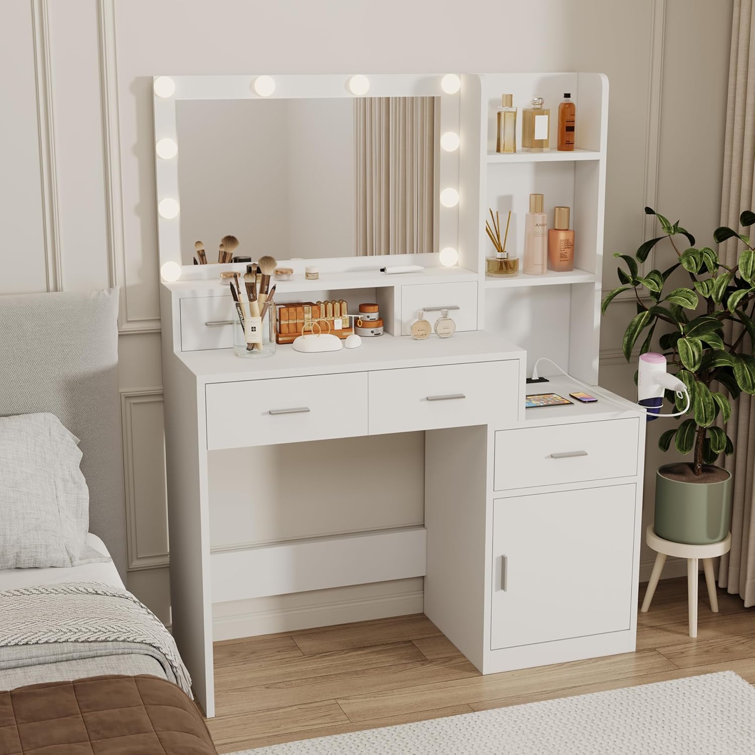 Modern Dressing Table with Drawers and Cabinets Makeup Cabinet with Mirror and 10 Lamps Dresser with Open Shelves for Bedroom Dressing Room