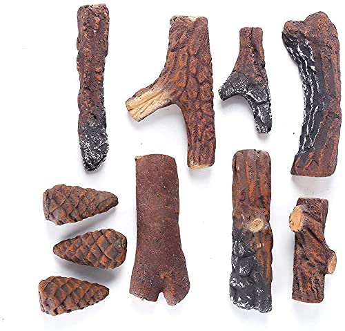 NC Gas Logs 10pcs Gas Fireplace Logs Set of Ceramic Wood Logs. Fireplace Log Set for Ventless, Electric Outdoor Fireplaces Fire Pits Realistic Use (10, 15w*22L)