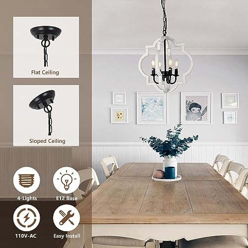 Farmhouse Chandelier, 4-Light Dining Room Light Fixtures Over Table, Distressed Wood White Chandeliers for Dining Room Kitchen Island Living Room,Rustic Orb Pendant Lighting for Foyer Entryway