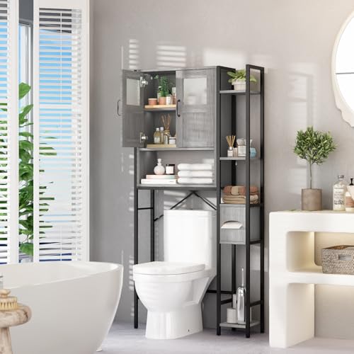 Over The Toilet Storage with Cabinet, Bathroom Storage Organizer above Toilet with Heavy-duty Metal Frame & Adjustable Shelf, Freestanding Space-Saving Storage Rack for Laundry Room,Bathroom (White)