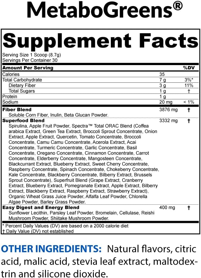BioTrust Metabo Greens Superfood Powder - Super Greens Powder, Vegetable Greens Supplement with Spectra Blend - Non GMO, Soy Free, Gluten Free, Dairy Free, Energizing Berry Flavor (30 Servings)