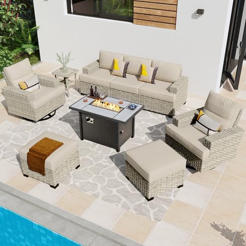 7 Pieces Patio Furniture Set with Fire Pit Table - All Weather Wicker Outdoor Patio Sectional Furniture Sofa Set,Luxury Modern Modular Patio Conversation Set w/Table,Dark Grey