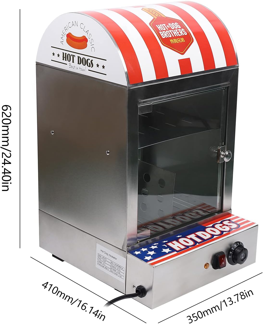 Hot Dog Steamer, 1500W 110V 30-110℃ 2-Tier Commercial Hut Steamer Hot Dog Cooker Electric Bun Warmer Pizza Warmer Condiment Station with Tempered Glass Doors Stainless Steel