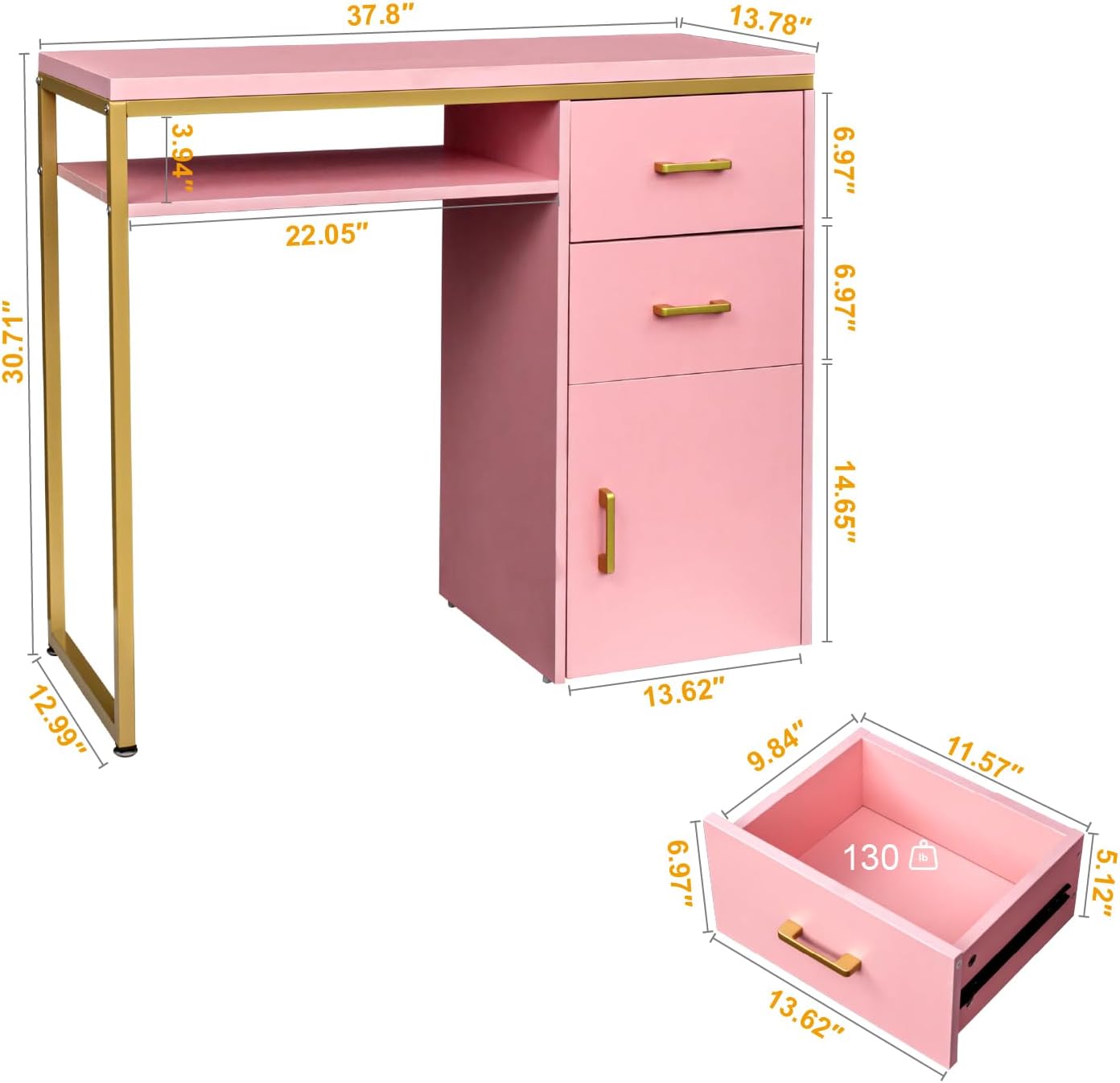 Vanity Computer Desk with 2 Drawers,& Storage Cabinet and Shelves, Makeup Dressing Table, Home Office Desks for Bedroom, Modern Simple Writing Desk,Pink