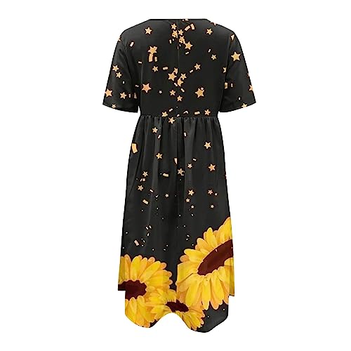 Dresses for Women 2024 Round Neck Pleated Long Dresses Short Sleeve Printed Maxi Dress Pocket Elegant Beach Dress