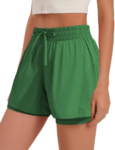 PINSPARK Athletic Shorts for Women 2 in 1 Workout Shorts High Waisted Running Shorts Gym Quick Dry Shorts with Pockets