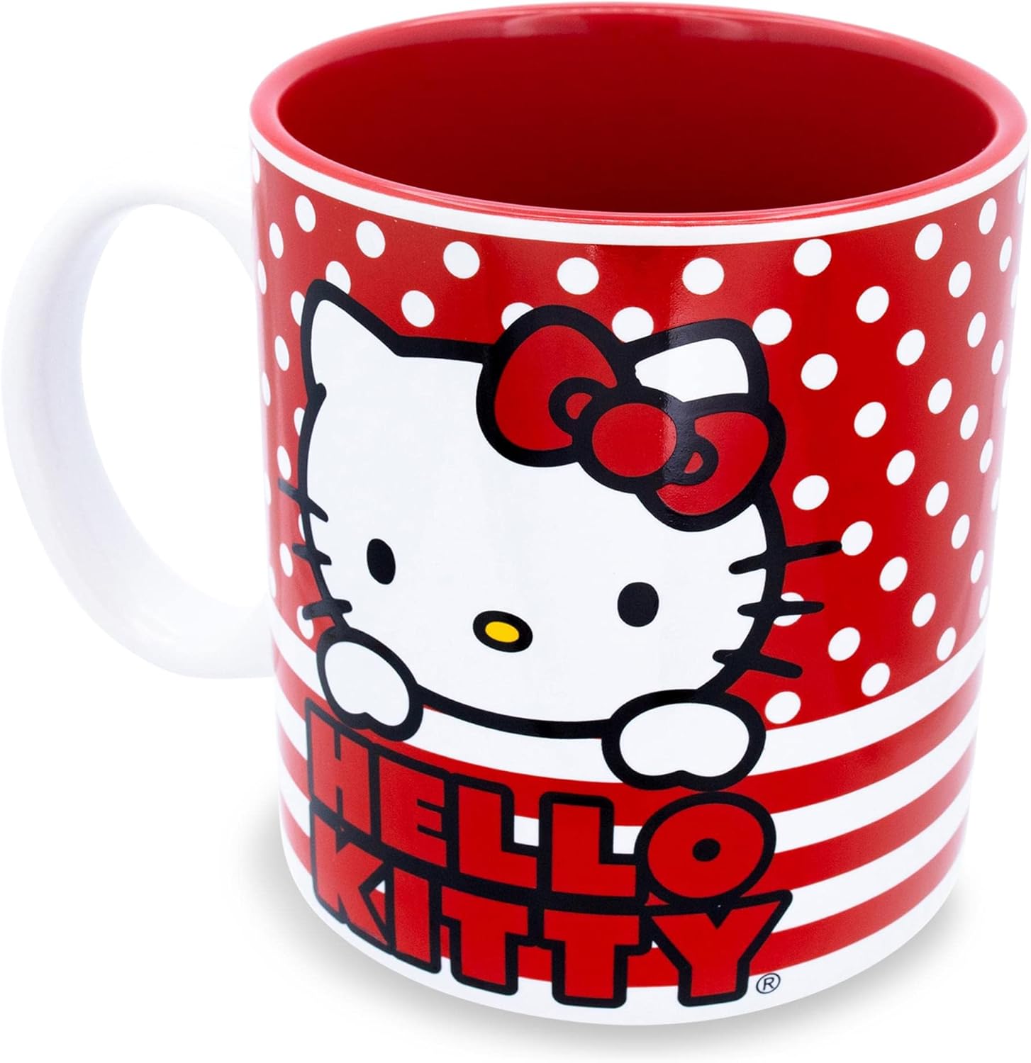 Sanrio Hello Kitty Dots And Stripes Ceramic Mug | Large Coffee Cup For Tea, Espresso, Cocoa | Holds 20 Ounces