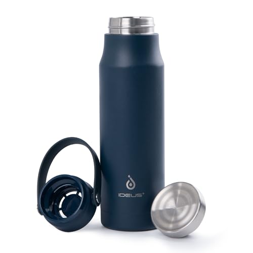 IDEUS Insulated Water Bottle, 24oz Stainless Steel Vacuum Flask with Handle for Hot and Cold Water, Tea, Beverage, Leak Proof, Reusable and BPA Free, Navy Blue
