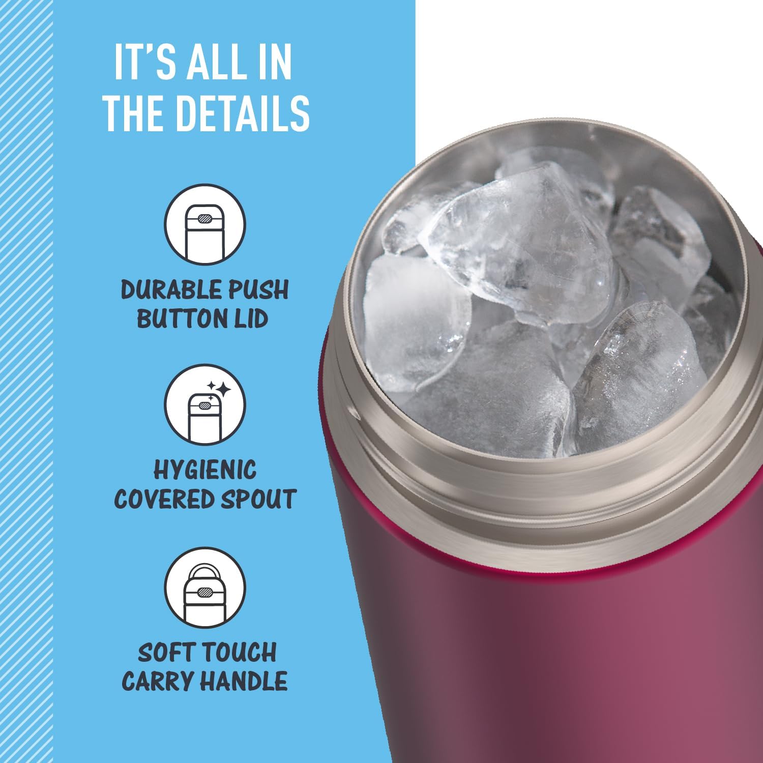 THERMOS FUNTAINER 16 Ounce Stainless Steel Vacuum Insulated Bottle with Wide Spout Lid, Dark Pink