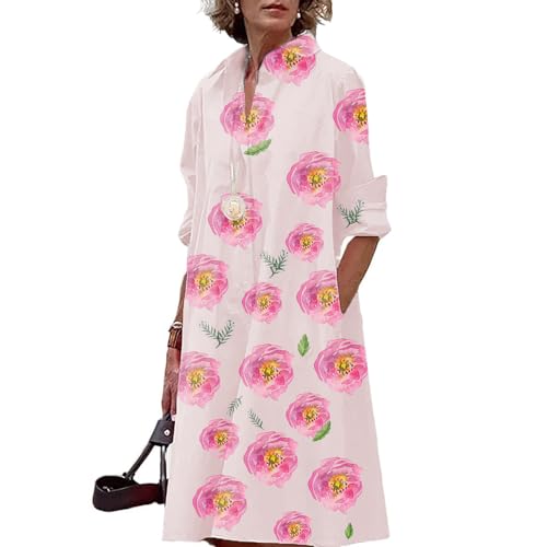 Womens Long Sleeve V Neck Button Down Cotten Blend Shirt Dress Vacation Concert Casual Dress for Women