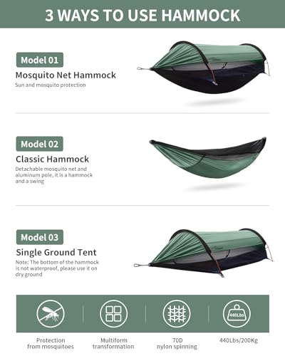 Camping Hammock Tent with Mosquito Net and Sunshade, Extra Large for 2 Person, Lightweight Hanging Hammocks Tree Straps Swing, Bivvy Ground Tent for Outside, Hiking, and Travel