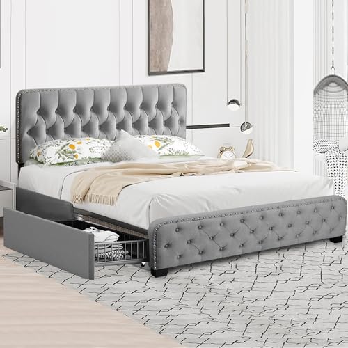 PrimeZone Upholstered Queen Bed Frame - Queen Size Metal Bed Frame with 4 Storage Drawers & Headboard, Button Tufted, Heavy Duty Modern Fabric Bedroom Platform Bedframe, No Box Spring Needed - Grey
